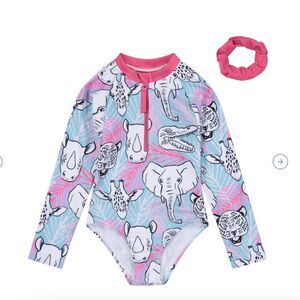 Andy and Evan pink and blue Aqua Animals rash gaurd swim with scrunchie NWT